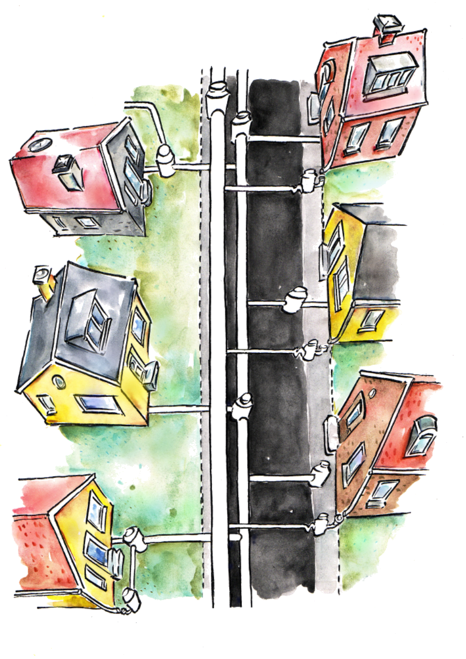 Illustration af Separatsystem: Spildevand og regnvand i rør hver for sig